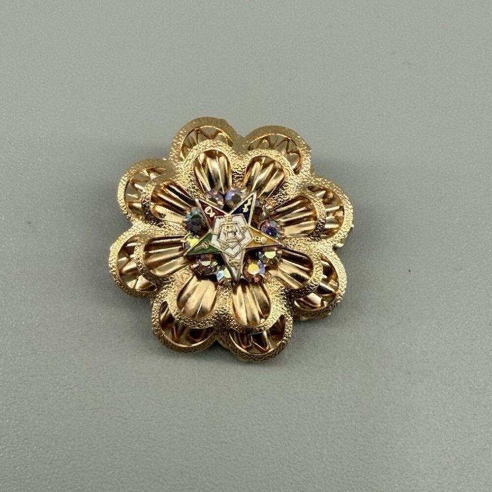 Vintage OES Order Eastern Star Brooch Gold Tone AB Rhinestone Floral Pin